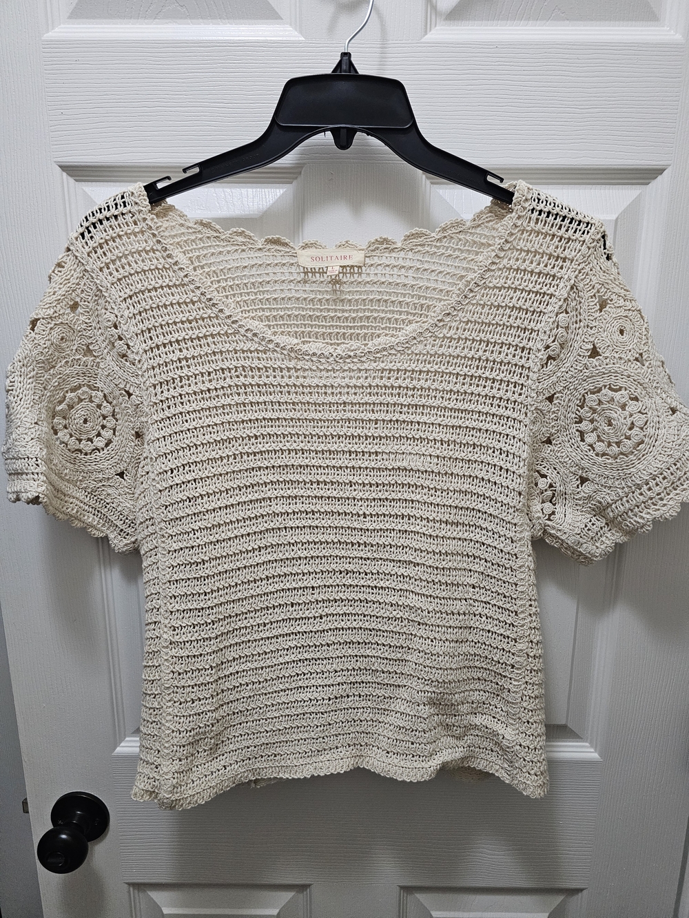 Solitaire Crochet Knit Sweater Top Cream Boho Cottagecore Large